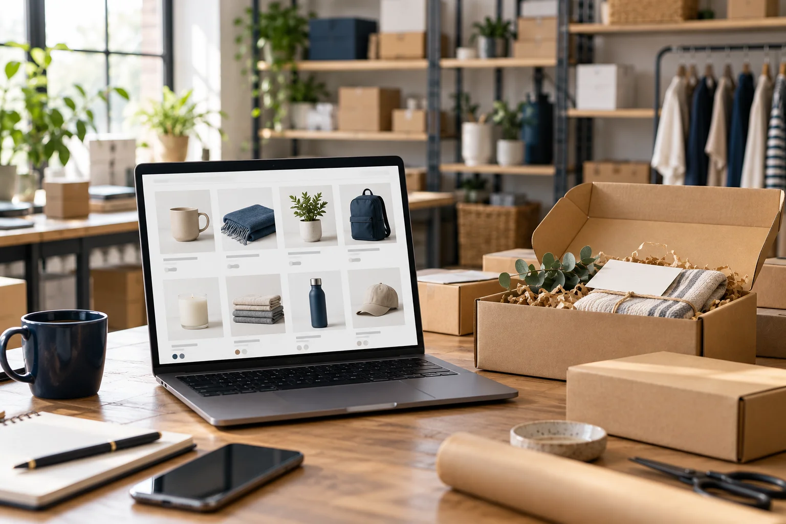 Espacio de e-commerce con catálogo en línea y empaque de productos, imagen ilustrativa