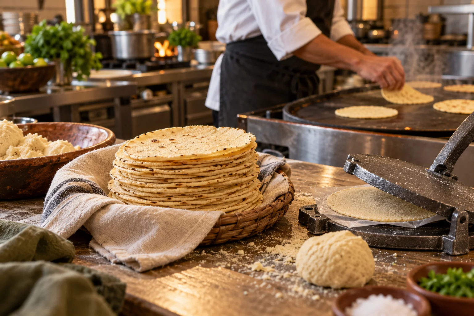 Cocina de restaurante con tortillas frescas y elaboración de tortillas, imagen ilustrativa